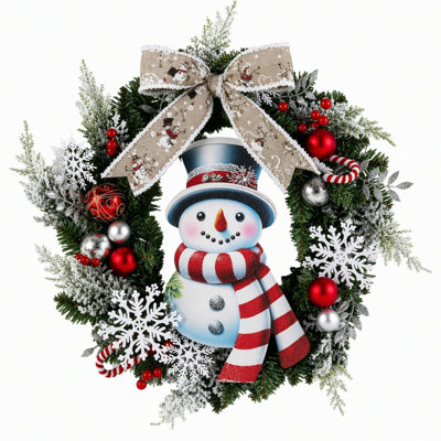 Couronne de Noël artificielle 19,7 pouces avec bonhomme de neige, nœud et ornements