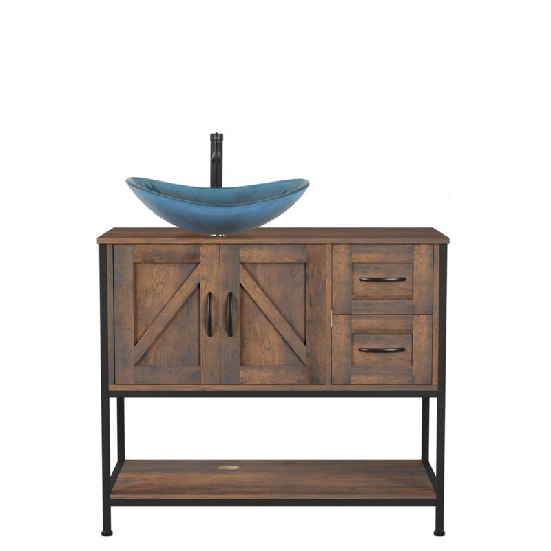 36'' Free-Standing Farmhouse Single Bathroom Vanity With Sink, Black, Dark Blue