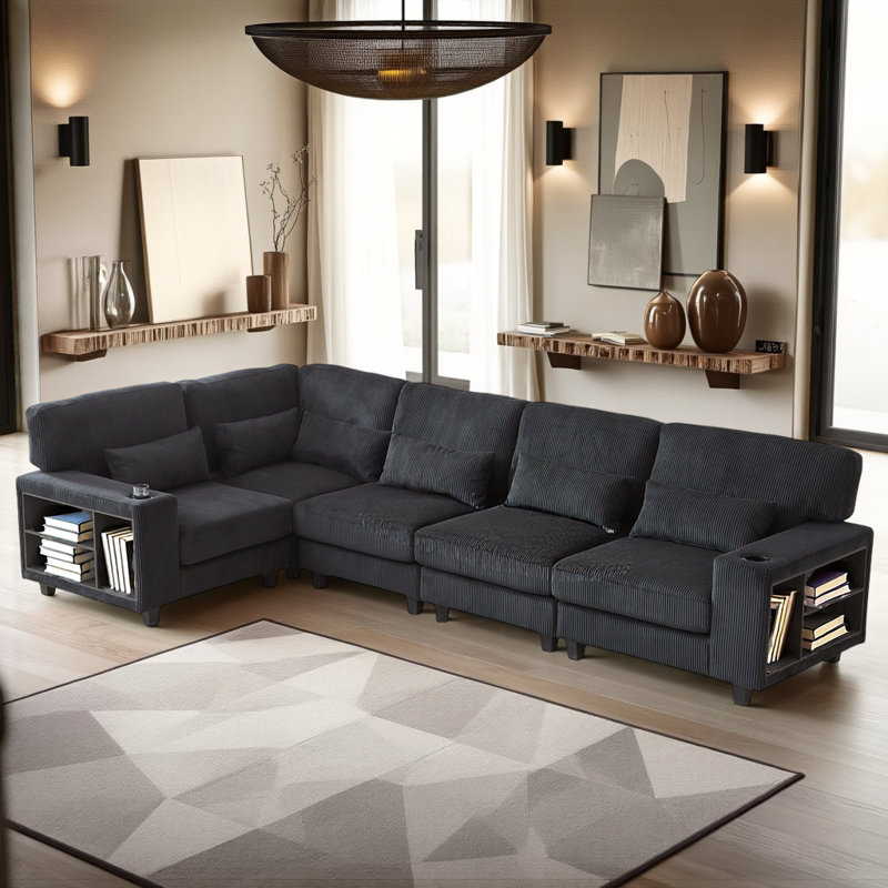 Canapé modulaire en velours côtelé avec rangement et porte-gobelets, Tissu noir