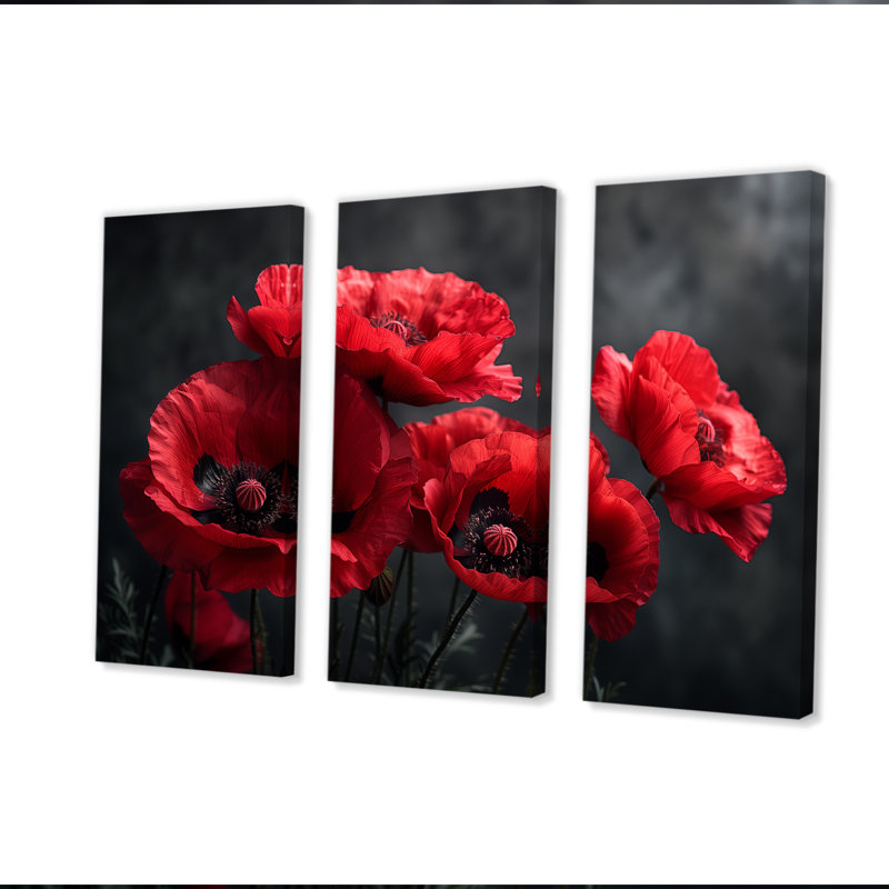Coquelicots rouges et noirs, monochrome, charme III - ensemble d'art mural coquelicots, Toile tendue