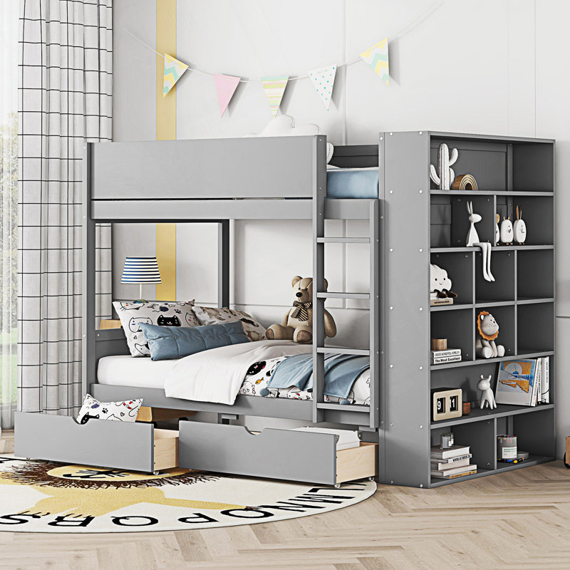 Lit superposé simple au-dessus de simple avec 2 tiroirs et armoire à couches multiples, cadre de lit, gris