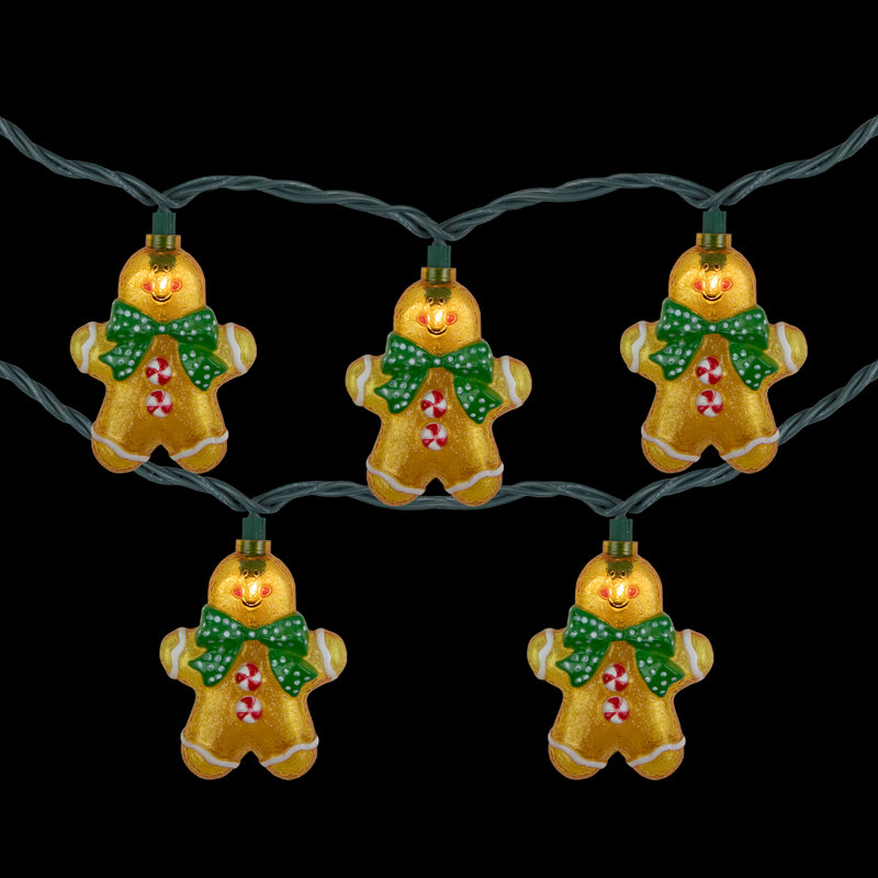 10ct Gingerbread Man Christmas Lights Clear Lights Green Wire