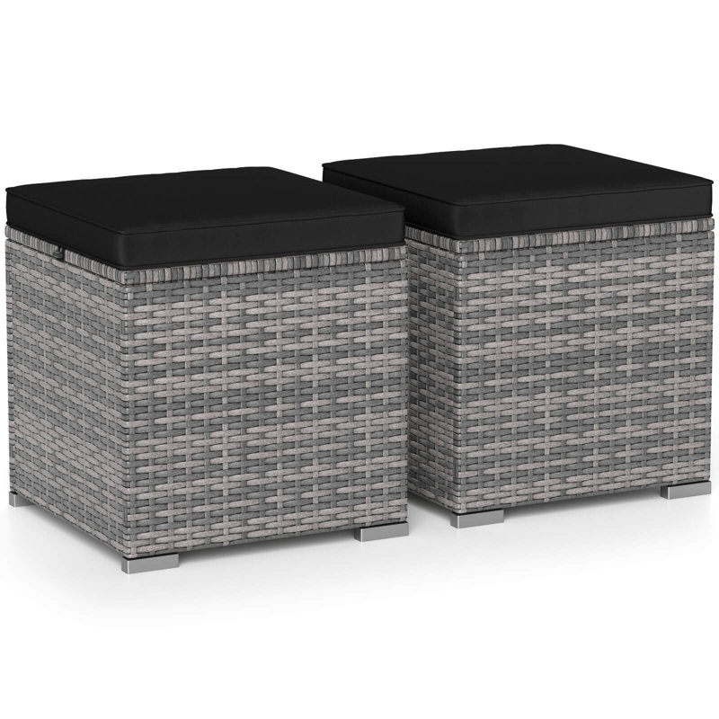 2PCS Patio Rattan Ottomans Seat Side Table Storage Box Footstool with Cushion Black, Black