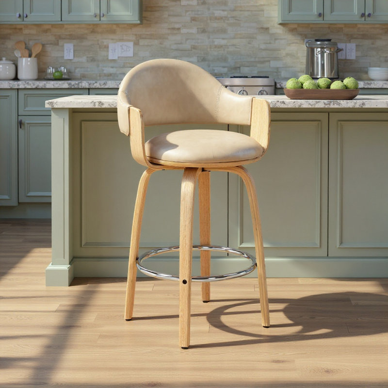 Daxton Mid-Century Swivel Bar & Counter Stool With Curved Back, Upholstered Seat, And Wood Frame, Latte, 67.1cm, Vanilla Mist