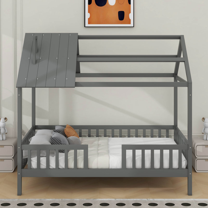Lit simple en bois avec clôture, Gris
