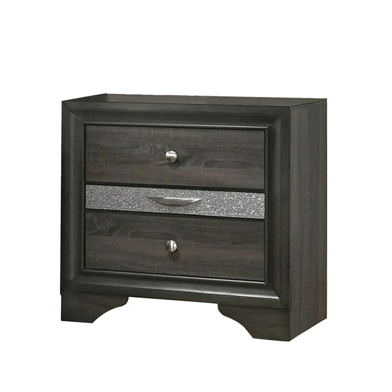 Table de chevet 3 tiroirs en bois avec boutons ronds en nickel , Gris