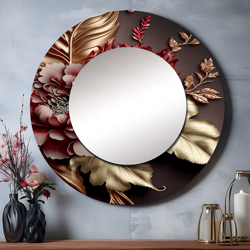 Miroir mural décoratif rond, imprimé glamour et floral, impression de métal, 36 po x 36 po