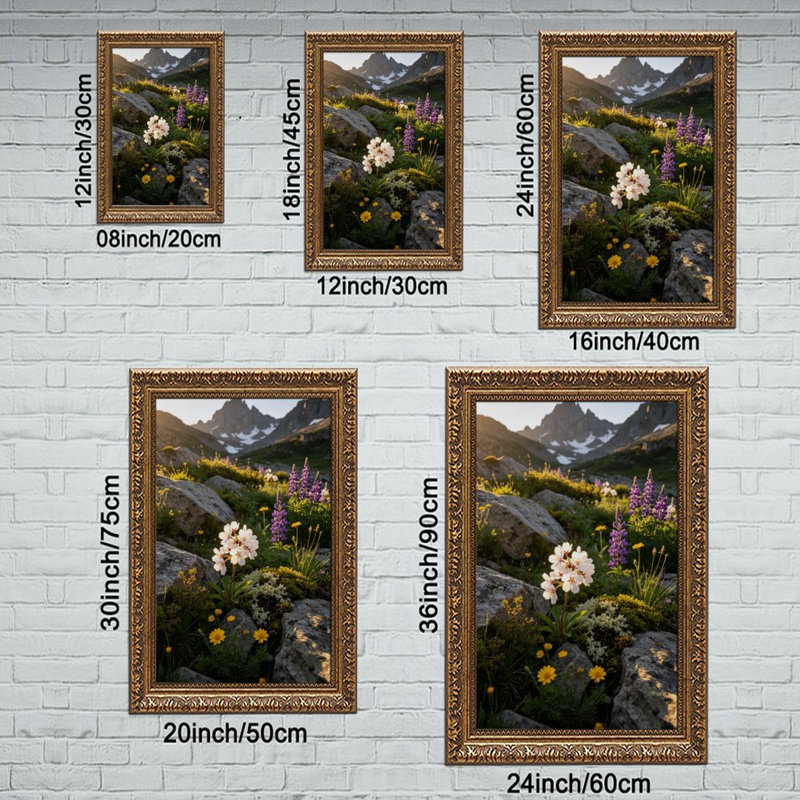 Cadre mural vintage orné représentant une scène de prairie de lupins – Cadre décoratif doré pour œuvres d'art.