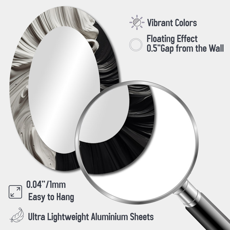 Phillisa Black White Marbled Dreamscape I - Geometric Mirror, Black Unique Wall Mirror, Printed Metal Art, 40" x 30", Oval