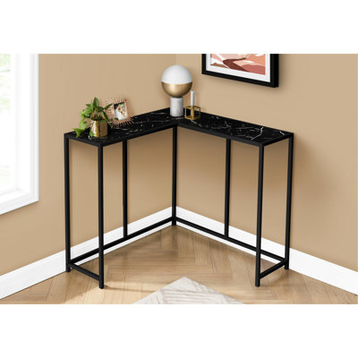 Console de chambre à coucher d'angle étroite - Stratifié marbré noir avec support métallique, moderne