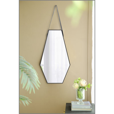 18x1.6x31.5" Black and Silver Hexagonal Wall Mirror with Hanging Leather Strap