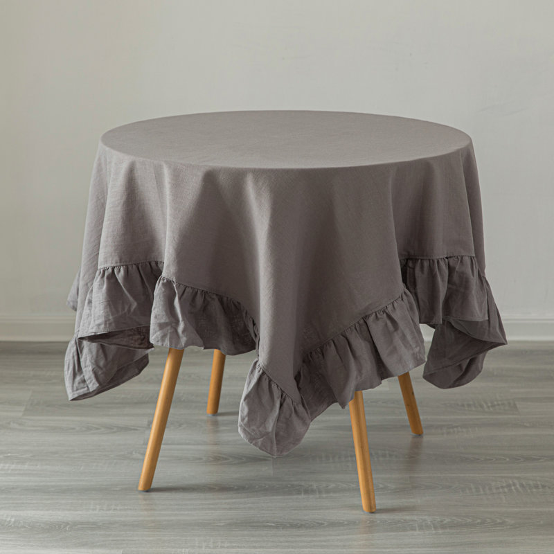 One Allium Way® 100% Pure Linen Washable Tablecloth With Ruffle Trim, 60" X 80" Rectangle Natural, Gray, 70" L x 52" W
