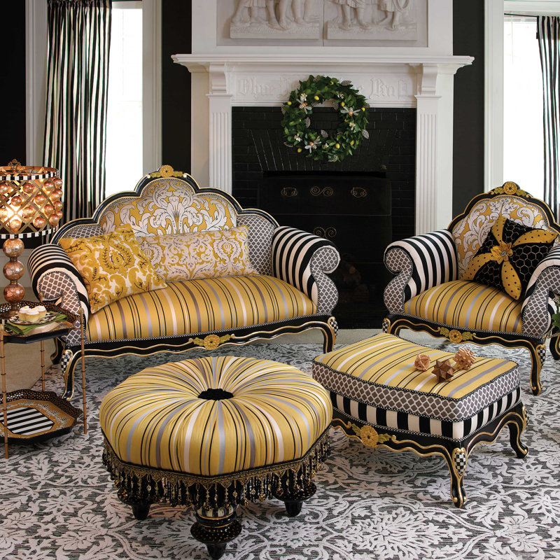 Hand-Painted Gold and Black Rectangular Ottoman