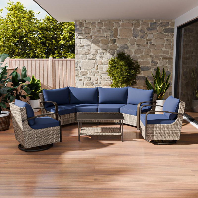 Ensemble de 7 meubles de patio en osier 7 pièces, conversation extérieure demi-lune 360 degrés avec table basse, Bleu