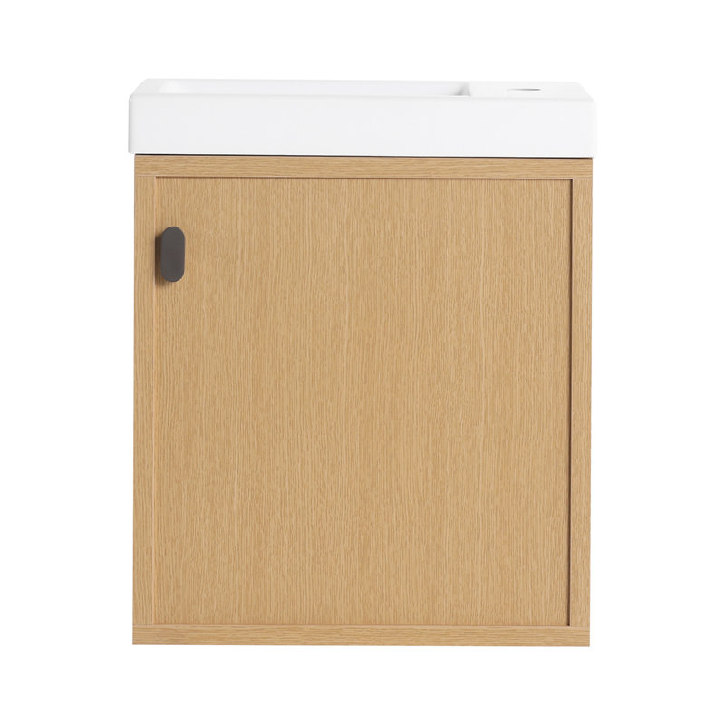 Meuble-lavabo mural 18,5 po avec lavabo en résine, porte simple à fermeture douce, panneau de fibres à densité moyenne, bois naturel (KD-Packing)