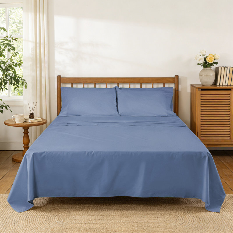 Ensemble de draps 100% coton 250 TC Percale, Bleu orageux, Ensemble de draps pour lit double avec 2 taies d'o