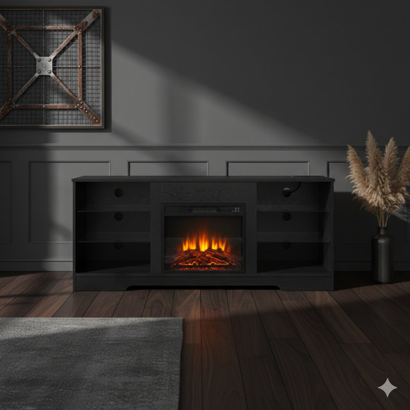 Electric Fireplace TV Stand With Glass Shelves, 3D Fireplace Entertainment Center With LED Lights In Wood, Includes USB Charging Port, Fits Tvs Up To 62 Inches, Black Finish, Dimensions 58" W X 15.5" D X 24.4" H