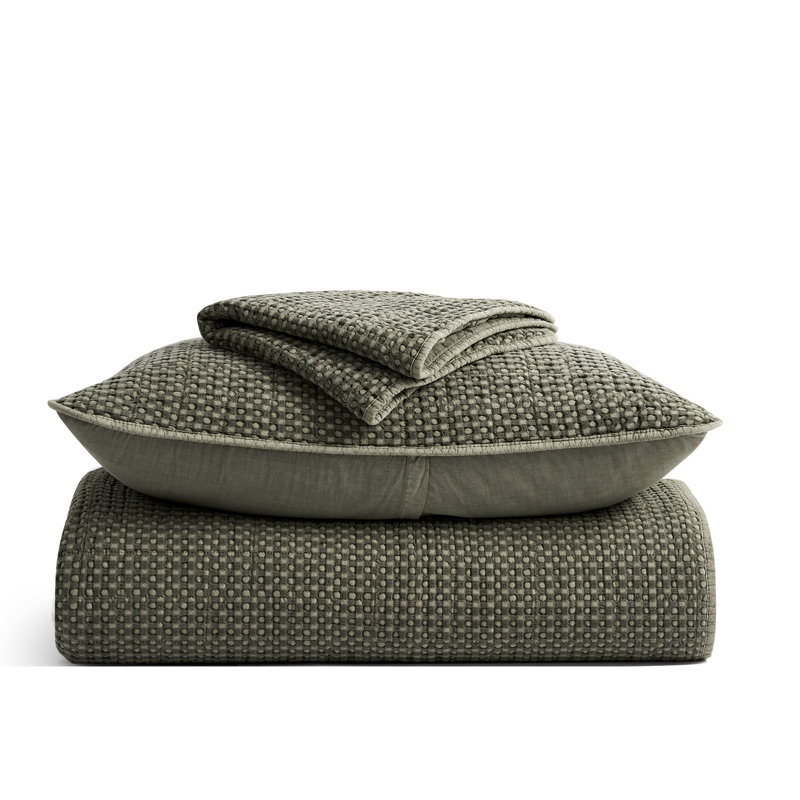 Ensemble de courtepointe 100% coton gaufré Stonewashed, Courtepointe très grand et 2 très grandes taies , Vert olive