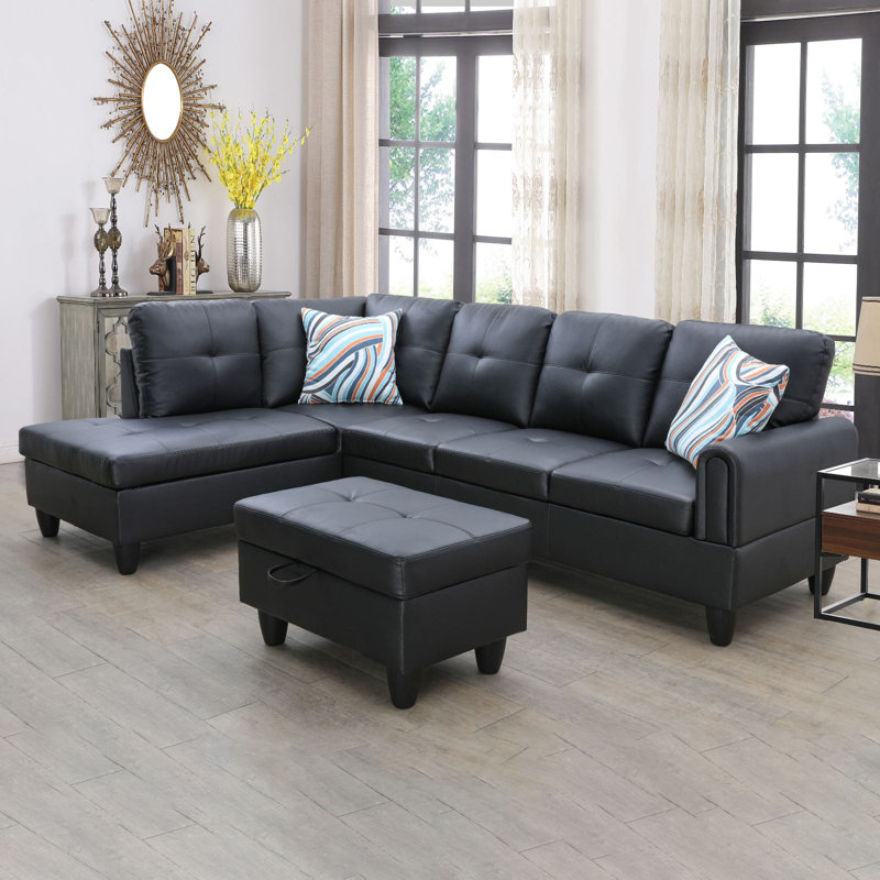 Canapé modulaire en L Vegan avec repose-pieds 3 pièces Jayzen, Orienté à gauche (vu de face), Similicuir noir
