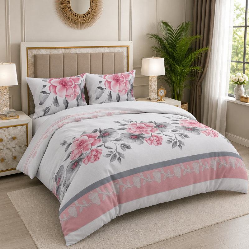 Microfiber Floral Duvet Cover Set, Double Duvet Cover + 3 Additional Pieces
