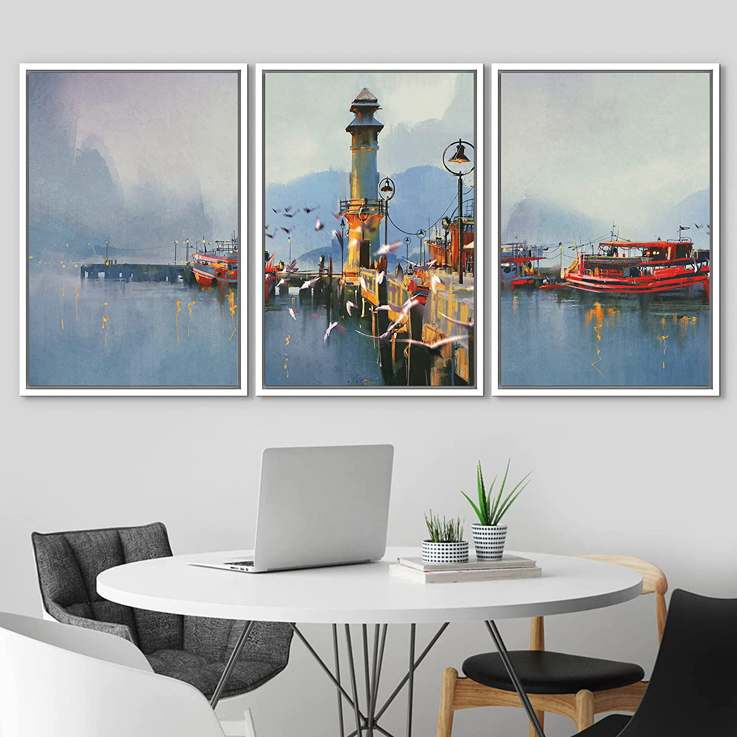 IDEA4WALL Coastal Beach Framed Wall Art Print Set Watercolor Effect ...