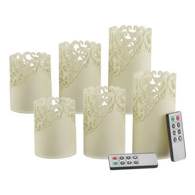 LED Candles with Remote Control – Pack of 6 Realistic Flameless Pillar Lights with Lace Details and Vanilla Scented Wax