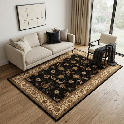 Rug Branch Yasmin 5' x 7' (5'3" x 7'5") Cream/Black Persian Medallion Indoor Area Rug, Traditional, Low Pile, Stain-Resistant Carpet - Living Room, Bedroom, Dining Room, and Kitchen