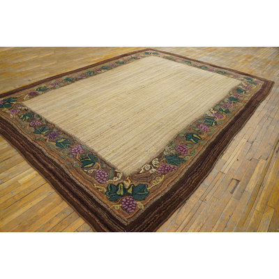 Hooked Antique Room Size 1920s American Ivory Wool Rug