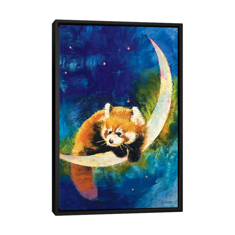 « red panda moon », peinture sur toile tendue, H 26 po x l 18 po x P 1,5 po, Toile avec cadre noir, Pas de tapis