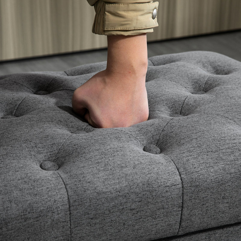 Rangement en lin gris de 25 po avec dessus à boutons et couvercle amovible, banc de repose-pieds confortable pour le salon, siège de pièce à garniture cloutée avec pieds en bois,