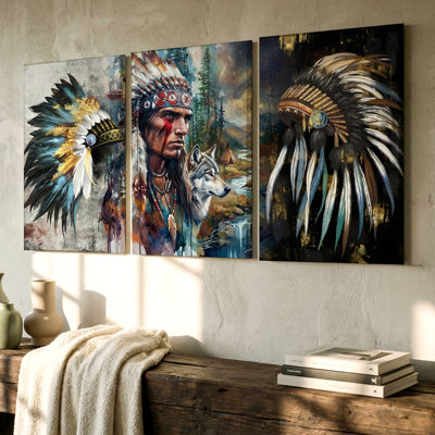 3 pièces d'art de coiffe et de Guerrier amérindien avec 3 images de loup, art mural pour le salon, la chambre à coucher et le bureau