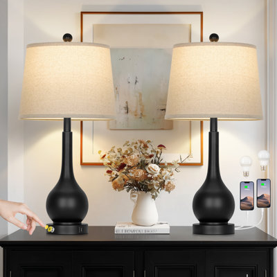 Lampes de table modernes noires de 26 po avec abat-jour en tissu avoine, ports de charge USB et de type C, ampoules à intensité variable incluses
