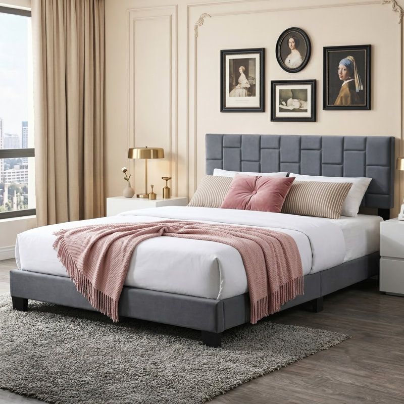 Velvet Platform Bed Frame With Adjustable Headboard, Queen, Gray