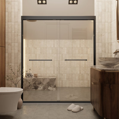 Semi-Frameless Double Sliding Shower Door, 1/4" SGCC Tempered Glass with Quiet Dual Rollers
