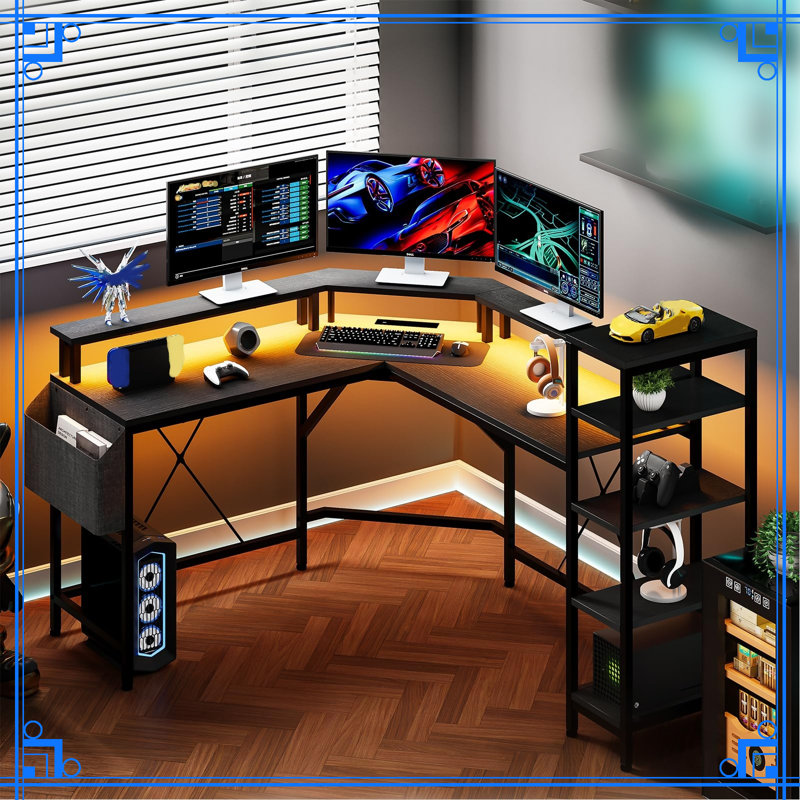 Bureau de jeu en L de 61 pouces avec lumières à DEL et 5 tablettes de rangement, prises de courant pour l'installation de bureau à domicile et de diffusion en continu