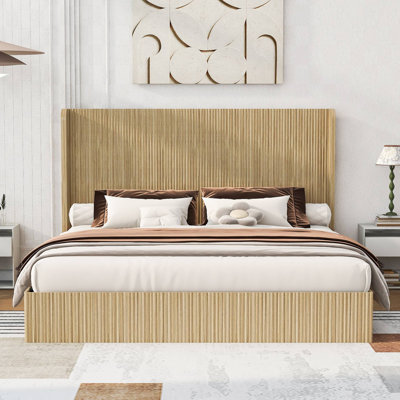 Mid-Century Fluted Wood Bed Frame, Tall Wingback Headboard, Low Profile Platform Bed, No Box Spring Needed, Easy Assembly For Bedroom & Guest Room