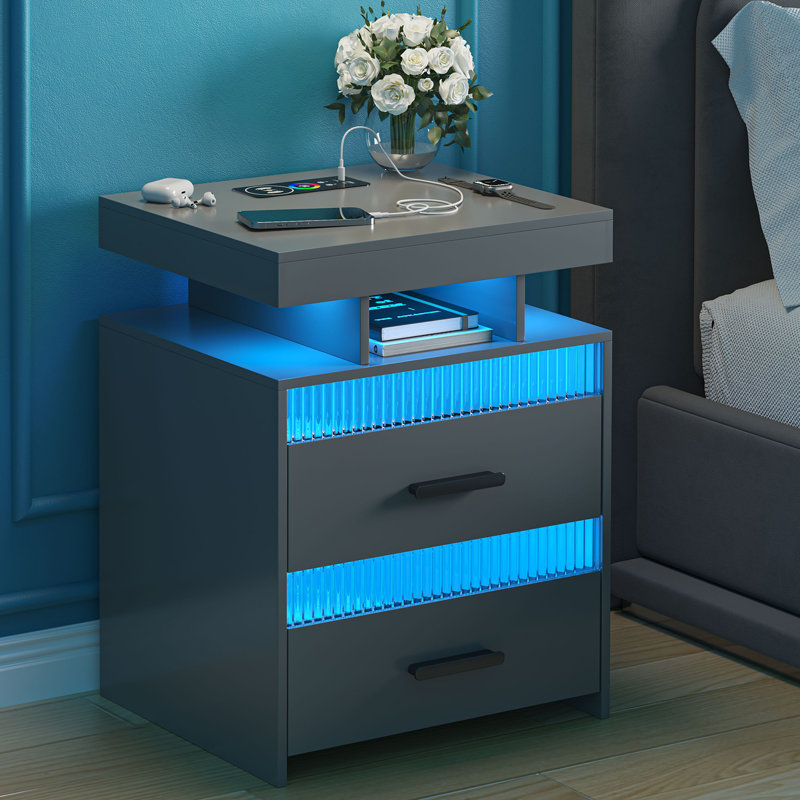 Keimar LED Nightstand with Charging Station, 2 Drawers End Table with Human Sensor 24 Colours Lights, Grey/Black