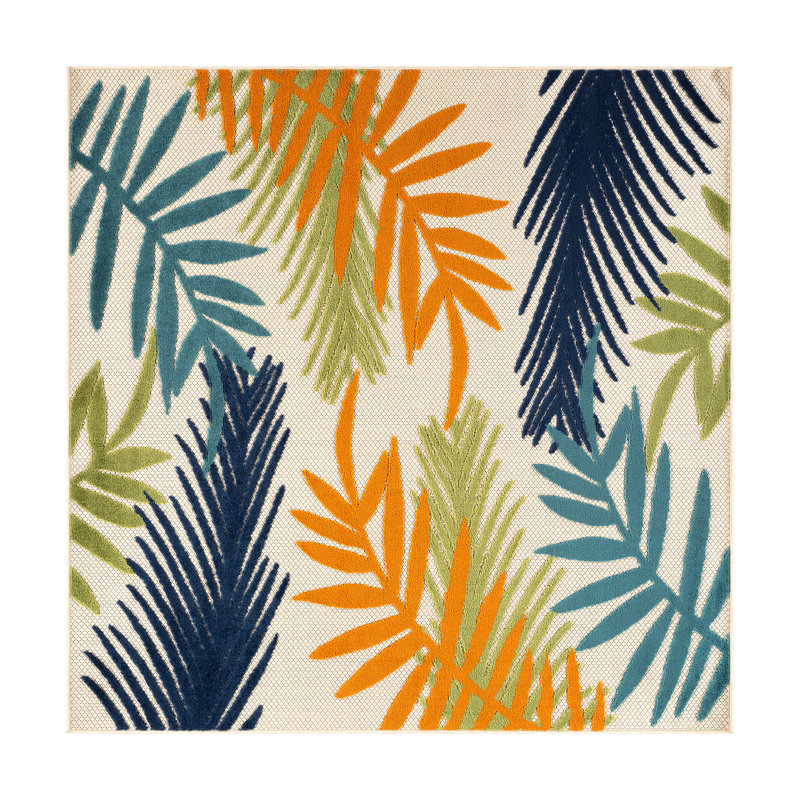 Tapis intérieur / extérieur Parksley Palm Frond - ivoire / orange / bleu marine, Carré 6 pi 7 po
