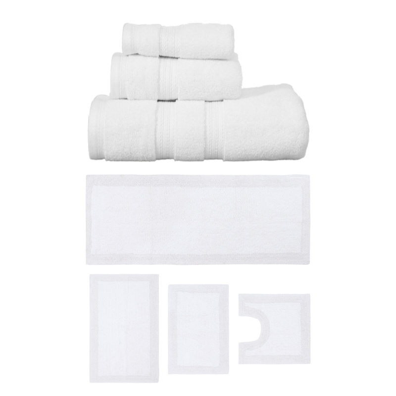 Buariki Collection 100% Soft Cotton 3 Pc Towel Set & 4 Pc Bath Rug Set, (Set of 7) Reversible, Blue