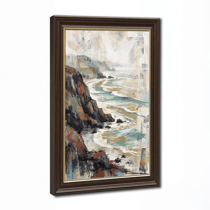 Tableau abstrait sur toile représentant des falaises côtières aux tons rouille et turquoise, H 18 po x l 12 po