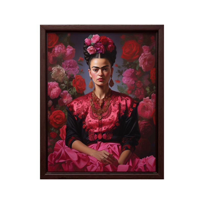 Portrait floral rose Frida, Canvas, 18"H x 24"W, Brown Framed