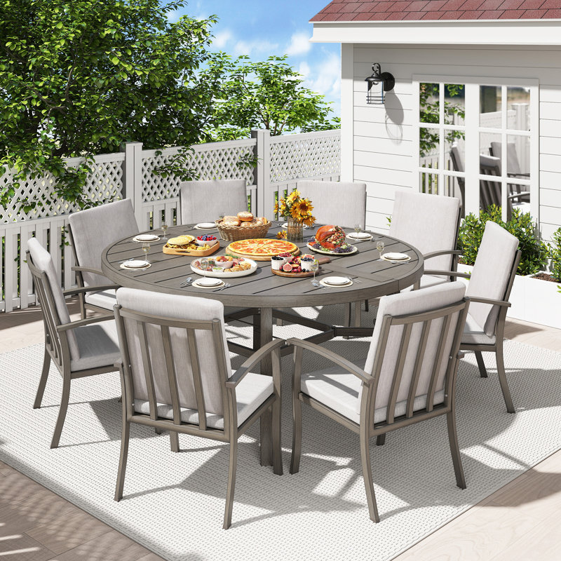 Moffett 9-Piece Gray Aluminum Patio Dining Set With Round Table And Washable Light Gray Cushions