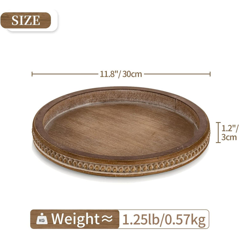 Decorative Serving Tray Wood:  Washed Bead Round Tray Decor For Coffee Table Rustic Wooden Trays Farmhouse Centerpiece For Living Room Kitchen Counter