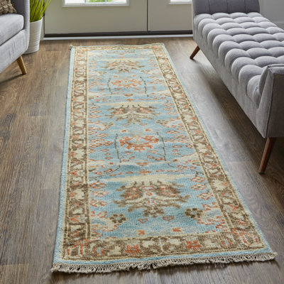Tapis floral bleu / brun en laine noué à la main Friderike