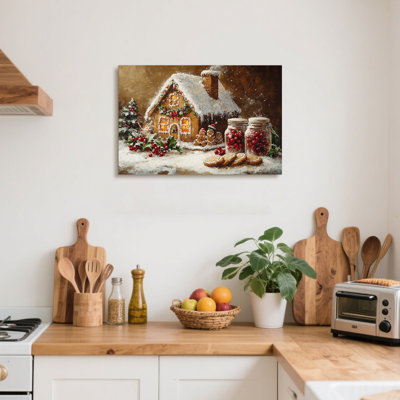 Winter Wall Art Canvas Decor Gingerbread House Snowy Country Landscape Picture Canvas Prints for Living Room Bedroom Pine Trees Scene Painting Poster Farmhouse Christmas Decor Artwork Home Decoration
