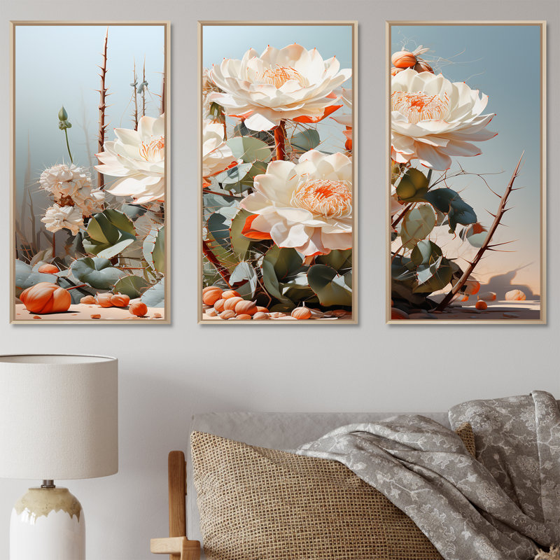 Cactus perle piquante - ensemble d'art mural floral cactus, H 40 po x l 60 po x P 1 po, Cadre naturel flottant