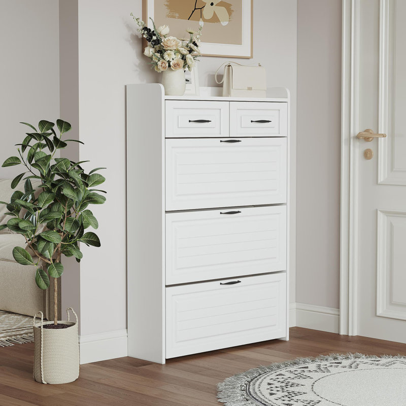 Armoire à chaussures 1250 de couleur blanche avec 3 portes et 2 tiroirs, grand espace de rangement