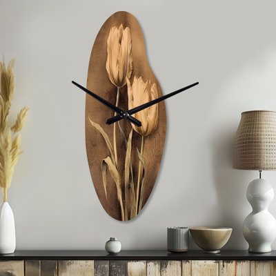 Weik Vintage Tulip II - Floral Curved Metal Wall Clock, Brown Asymmetrical Metal Wall Clock Print