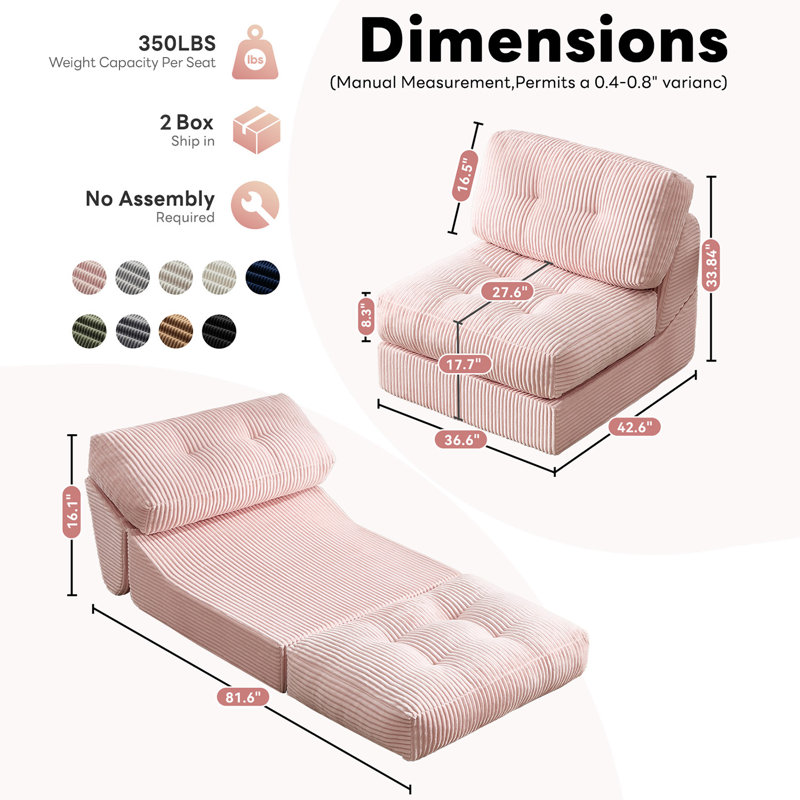 Boneless 8.3" Futon Mattress, Folding Sofa Bed,Modern Corduroy Upholstered Sofa - Comfortable Accent Chair,Set Of 2, Pink