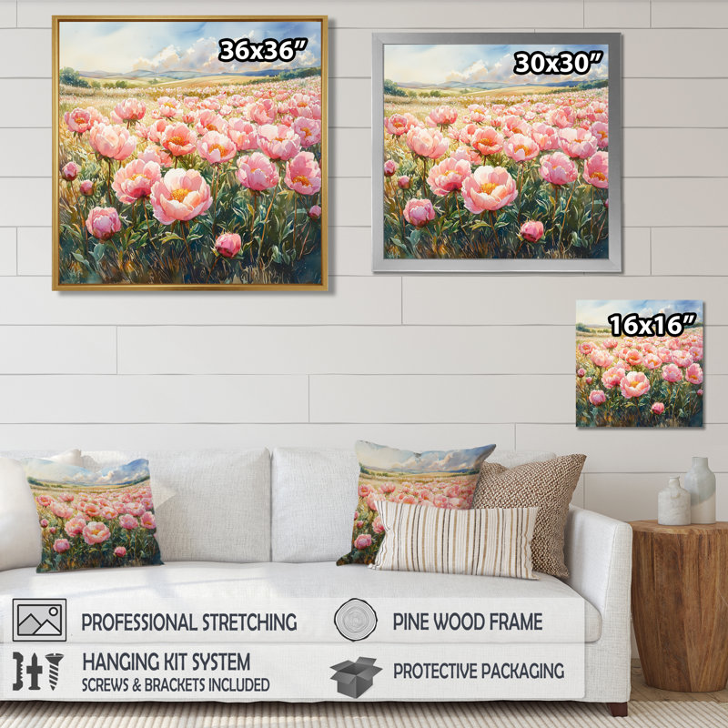 Pivoines dans le champ ensoleillé II - pivoines grand art mural, H 16 po x l 16 po, Impression encadrée flottante